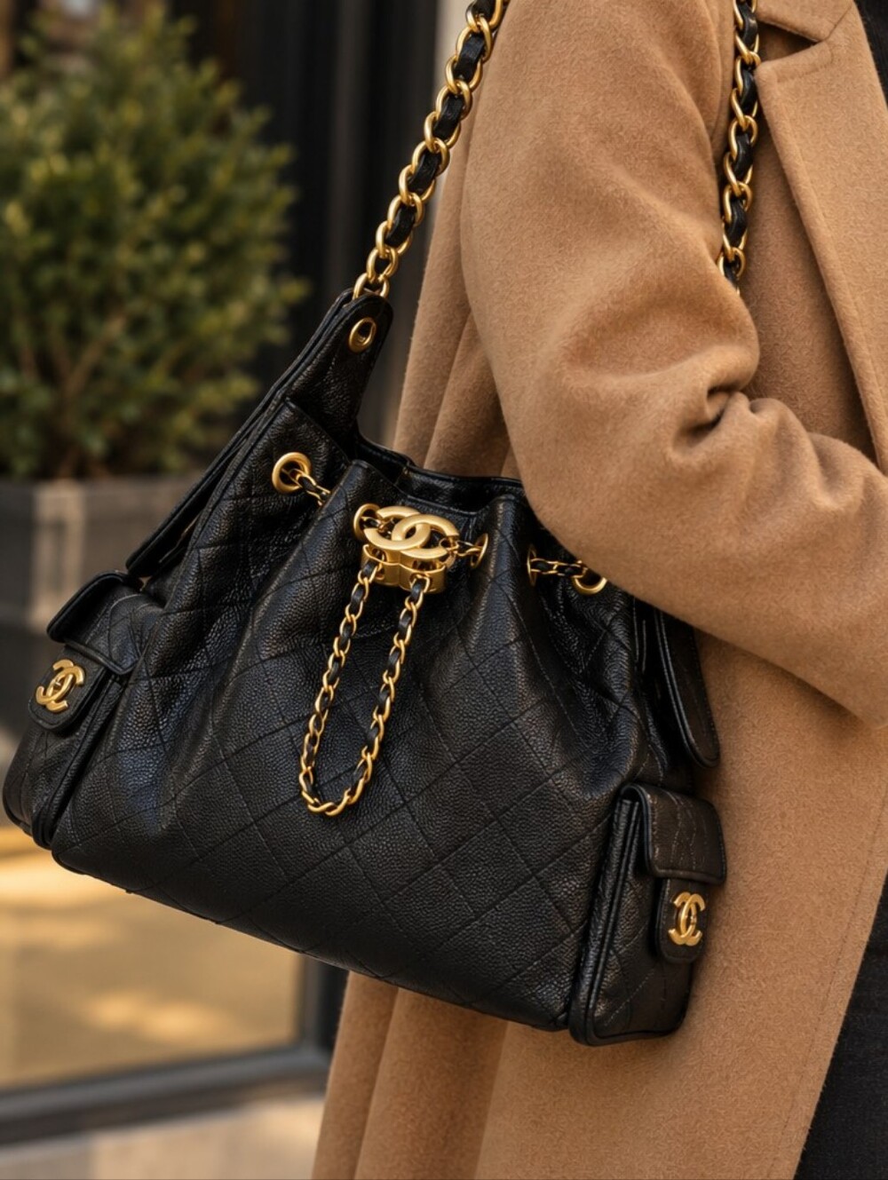 Black Quilted Chain Bucket Hobo Bag Gold Hardware